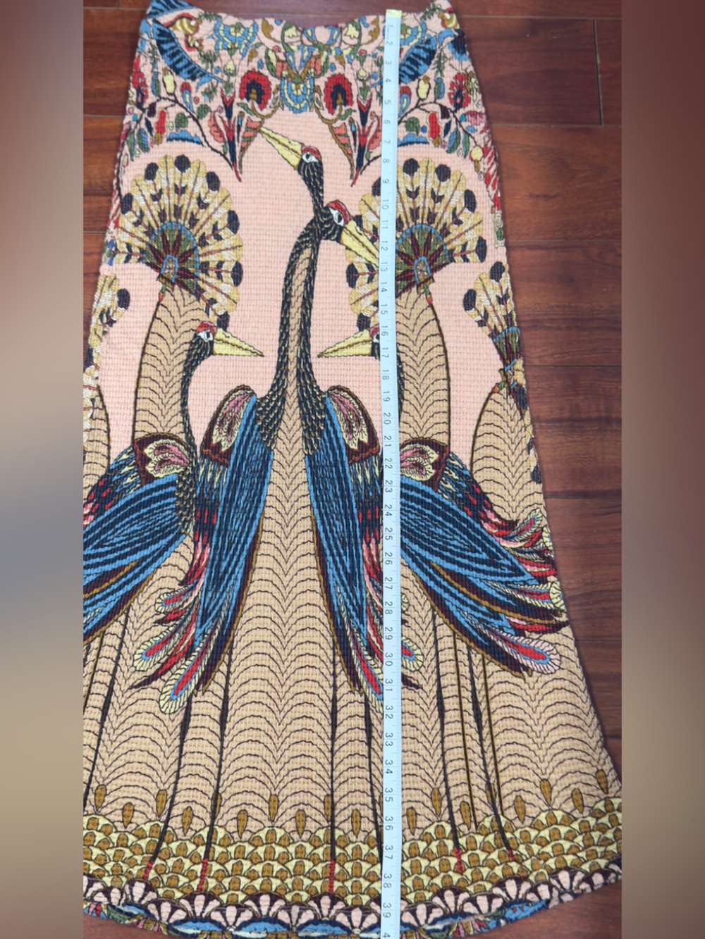 Anthropologie Peach Maxi Skirt with Blue & Red Peacock Print - Picture 13 of 14